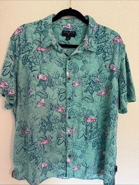 Margaritaville Teal Button-Front Flamingo Print Shirt